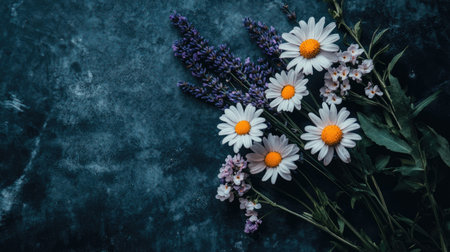 A stunning arrangement of daisies and lavender on a dark background, showcasing vibrant colors and natural beauty for floral design inspiration.の素材
