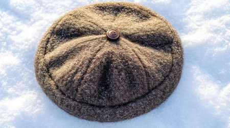 A cozy winter hat rests on a blanket of fresh snow, showcasing its warm wool texture and button detail. Perfect for seasonal fashion photography.の素材