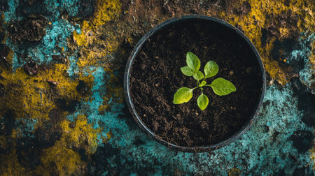 A small green plant emerges from dark soil in a round pot. The rustic, textured background adds contrast, highlighting the beauty of nature and growth.の素材
