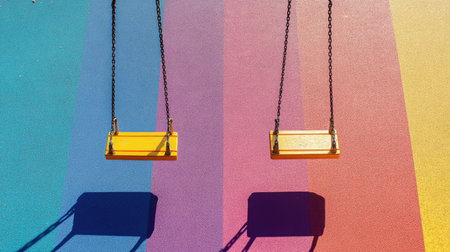 Bright playground swings hang against a colorful backdrop, casting playful shadows. A perfect representation of joy and carefree childhood moments in vibrant surroundings.の素材