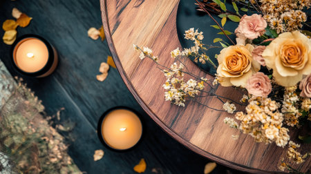 A serene top view of a rustic floral arrangement featuring yellow roses and candles, creating a warm ambiance for any space, ideal for autumn decor.の素材