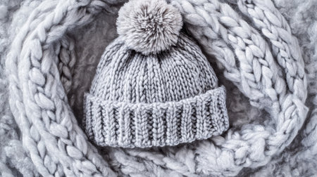 A cozy gray knit hat with a pompom sits atop a textured scarf. Ideal for winter fashion, this stylish set enhances comfort and warmth in cold weather.の素材