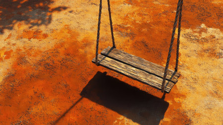 A solitary wooden swing casts a shadow on a vibrant orange ground. This serene outdoor scene captures the essence of childhood memories and leisure.の素材
