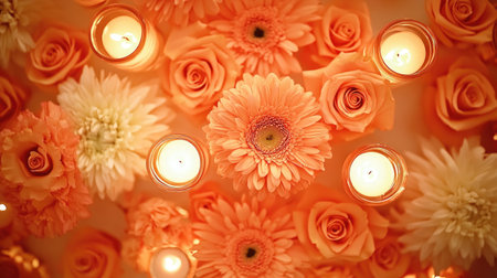 A stunning overhead view of a floral arrangement featuring orange roses and gerberas surrounded by soft candlelight, creating a warm and inviting ambiance perfect for events or home decor.の素材