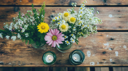 A beautiful arrangement of vibrant flowers in glass jars rests on a rustic wooden table, complemented by soft candlelight that enhances the serene atmosphere.の素材