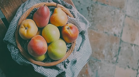A rustic woven basket filled with colorful fresh fruits, including apples and pears. Perfect for showcasing the beauty of seasonal produce in a cozy kitchen setting.の素材