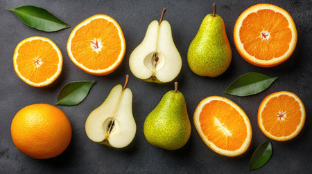 A vibrant arrangement of fresh oranges and pears on a slate background. Perfect for food photography, healthy eating themes, and cooking inspiration.の素材