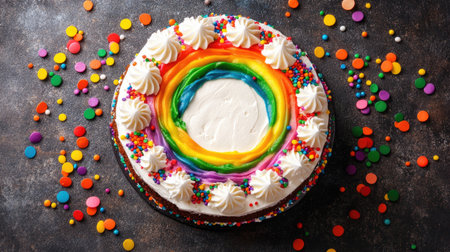 A vibrant rainbow cake decorated with colorful sprinkles and whipped cream, perfect for celebrations and festive occasions. A delightful treat.の素材