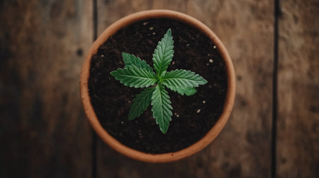 A vibrant green plant grows in a terracotta pot filled with dark soil, positioned on a rustic wooden surface, symbolizing nature and fresh growth.の素材
