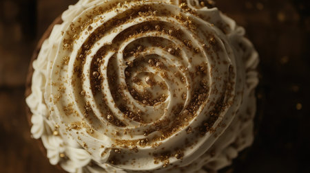 A stunning top view of a beautifully frosted cake featuring a delicate swirl of creamy frosting, adorned with golden sugar crystals, perfect for celebrations.の素材