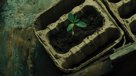 A vibrant green seedling emerging from soil in an eco-friendly container, placed on a rustic wooden surface. Perfect for themes of growth and sustainability.の素材