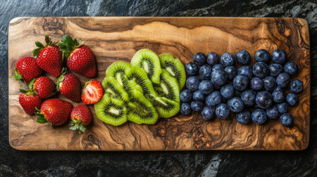 A beautifully arranged selection of fresh strawberries, kiwi slices, and blueberries on a rustic wooden cutting board, perfect for healthy eating.の素材