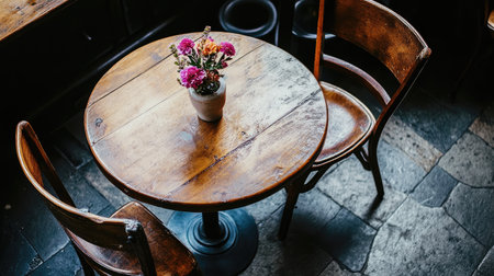 A cozy wooden table set with two chairs and a floral centerpiece, creating a warm and inviting atmosphere in a rustic interior setting.の素材