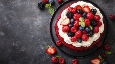 A beautifully decorated red velvet cake topped with fresh strawberries, blueberries, and raspberries, perfect for celebrations and sweet moments.の素材