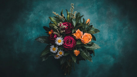 A stunning arrangement of colorful roses and daisies set against a dark green background, perfect for conveying beauty, freshness, and romance in any project.の素材