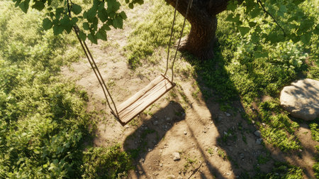A serene view of a rustic swing hanging from a tree in a sunny meadow, surrounded by lush grass and dappled sunlight, perfect for relaxation and play.の素材