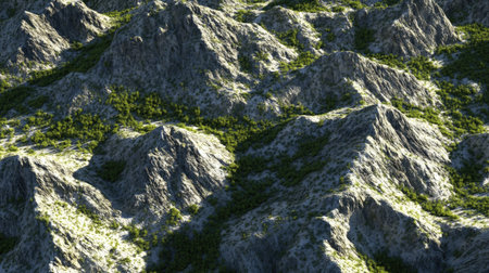 A stunning view of a mountainous landscape featuring rocky hills and patches of greenery. The sunlight highlights the texture and ruggedness of the terrain, creating a serene and peaceful outdoor setting.の素材