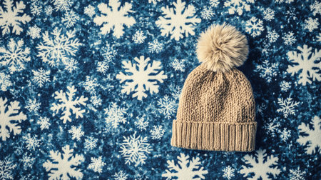 A cozy knitted hat with a fluffy pompom rests on a charming winter snowflake background, perfect for capturing the essence of the cold season.の素材