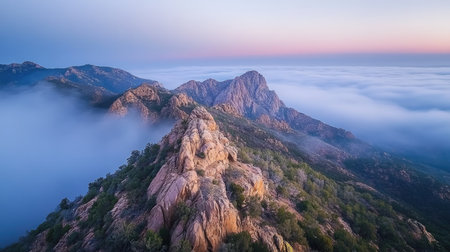 Breathtaking view of a mountain landscape above fog, showcasing rocky peaks and lush greenery, bathed in soft morning light. Perfect for nature enthusiasts and adventurers.の素材