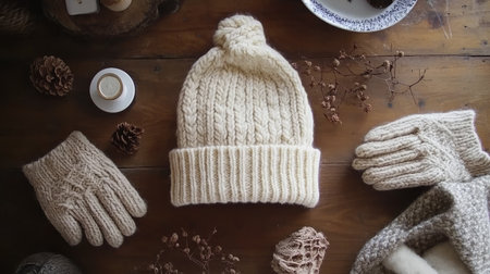 A warm and cozy knit hat paired with matching gloves, beautifully arranged on a rustic wooden table, perfect for a winter fashion look or lifestyle setting.の素材