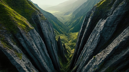 A breathtaking view of a deep valley surrounded by towering rock formations, showcasing the beauty of nature with lush greenery and dramatic landscapes.の素材