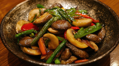 A vibrant stir-fried dish featuring fresh vegetables and mushrooms, showcasing rich colors and textures. Perfect for cooking enthusiasts and food lovers.の素材