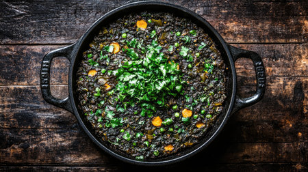 A hearty vegetable stew featuring carrots and peas, garnished with fresh herbs, served in a cast iron pot on a rustic wooden table. Perfect for a warm meal.の素材