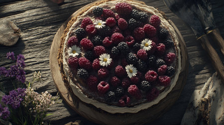 A beautifully arranged berry tart topped with fresh raspberries, blackberries, and delicate flowers, displayed on a rustic wooden table, perfect for summer treats.の素材