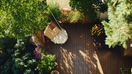 A serene outdoor space featuring a cozy swing surrounded by blooming flowers and lush greenery, perfect for relaxation and enjoyment in nature.の素材