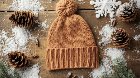 A warm, cozy beanie rests on a rustic wooden surface surrounded by snow, pine cones, and festive elements, perfect for winter-themed visuals.の素材