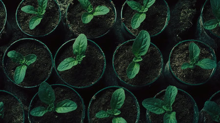 A vibrant overhead view of fresh green seedlings thriving in small pots. Each plant represents new life and growth, nurtured in nutrient-rich soil.の素材