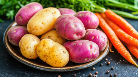 A vibrant arrangement of fresh potatoes and carrots on a rustic plate, showcasing healthy, natural produce perfect for any meal or recipe.の素材