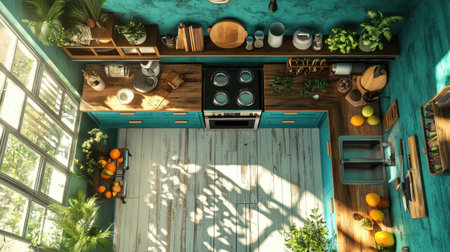 A bright and modern kitchen featuring fresh ingredients and vibrant decor. Sunlight streams through, illuminating the cozy and inviting space filled with plants and color.の素材