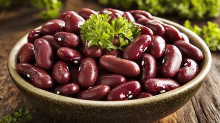 Fresh red kidney beans sit in a rustic bowl, garnished with herbs. Ideal for cooking or healthy meals, this vibrant ingredient enhances various dishes.の素材