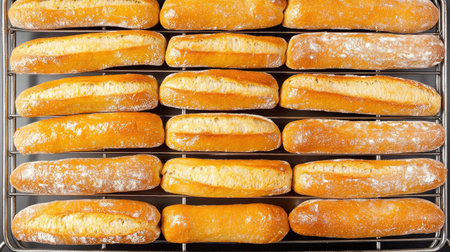 A collection of golden bread rolls cooling on a rack, showcasing their fluffy texture and inviting appearance, perfect for culinary inspiration.の素材