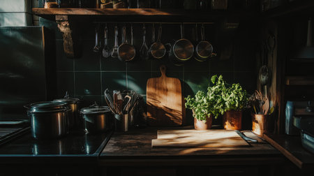 A beautifully arranged kitchen scene featuring a wooden countertop, cooking utensils, and fresh herbs bathed in natural light, creating a warm atmosphere.の素材