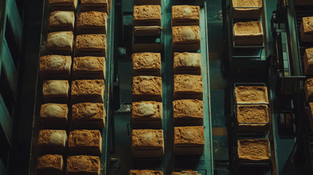 An aerial view of freshly baked bread loaves arranged on a conveyor belt, showcasing the warm and golden texture in an industrial bakery setting.の素材