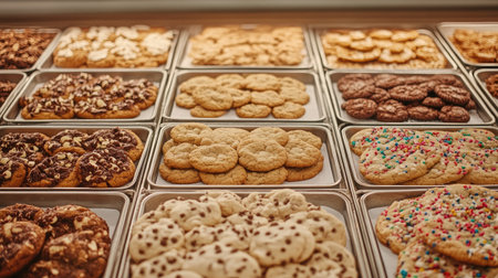 A vibrant display of assorted cookies in trays, showcasing a variety of flavors and textures. Perfect for bakeries, cafes, and food photography.の素材