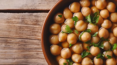 A bowl of fresh chickpeas topped with green herbs sits on a rustic wooden table. This vibrant image highlights the quality of organic legumes, perfect for healthy meals.の素材