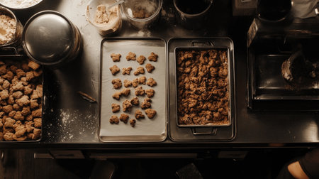 A top-down view of freshly baked cookies cooling on a dark kitchen counter, surrounded by baking tools and ingredients, embodying the joy of homemade treats.の素材