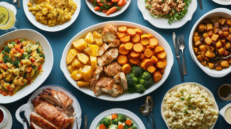 A vibrant spread of assorted dishes on a table showcasing a variety of healthy and delicious meals perfect for gatherings and celebrations.の素材