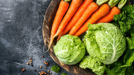 A colorful assortment of fresh organic vegetables including carrots, cabbage, and lettuce arranged on a wooden plate, highlighting their natural beauty and health benefits.の素材