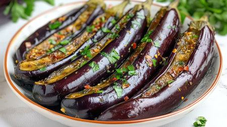 Savor the vibrant and rich flavors of grilled eggplant garnished with fresh herbs and spices, perfect for any meal or gathering.の素材