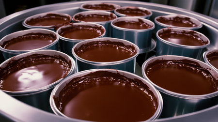 A vibrant display of rich chocolate filling neatly arranged in round containers, showcasing the creamy texture and glossy surface, perfect for desserts.の素材