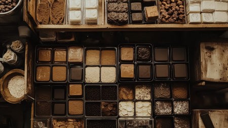 Explore a vibrant array of spices and ingredients presented in rustic wooden containers. Ideal for culinary projects and food-related themes.の素材