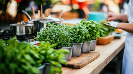 A beautifully arranged display of fresh herbs in pots on a rustic kitchen table, perfect for cooking enthusiasts looking to enhance their dishes naturally.の素材