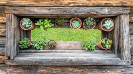A charming window frame showcases an array of potted herbs and succulents, inviting a touch of nature into the rustic outdoor setting. Perfect for gardening enthusiasts.の素材