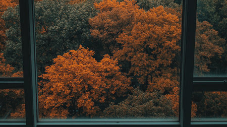A stunning view showcasing vibrant autumn foliage through a window, featuring bright orange leaves amidst green trees, capturing the beauty of the seasonal transition.の素材