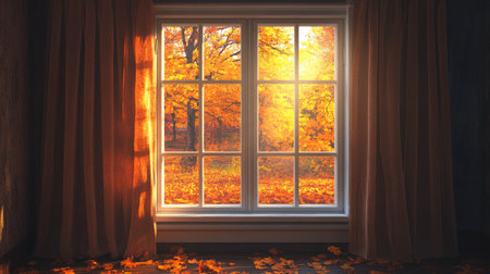 A warm, cozy autumn scene viewed through a window with golden leaves illuminated by soft sunlight. Perfect for evoking feelings of peace and tranquility.の素材