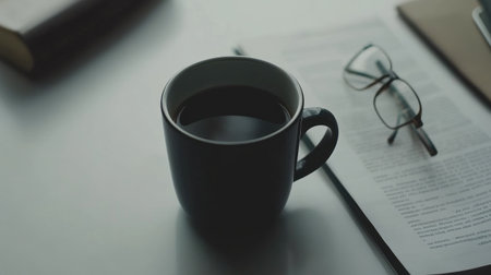 A serene coffee moment featuring a black cup of coffee, glasses, and scattered paperwork. Perfect for capturing the essence of home office vibes.の素材